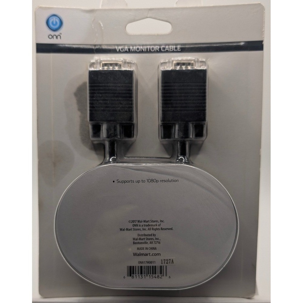 ONN VGA Monitor Cable Unisex 6ft Black ONA17HO011 1080p Video Cord PC Laptop TV